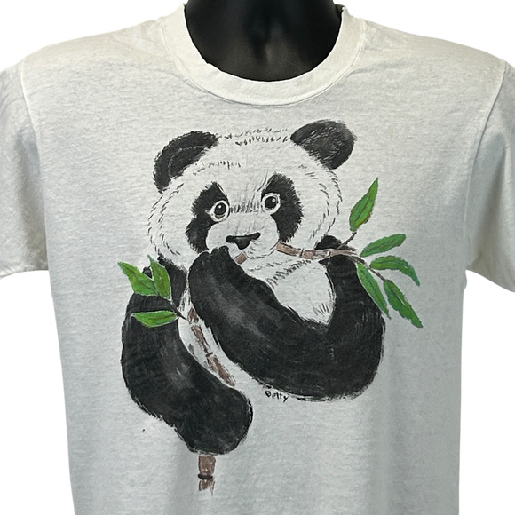 Vintage 80s Distressed Giant Panda Bear T Shirt Hand Painted White Tee S Small - Picture 1 of 14